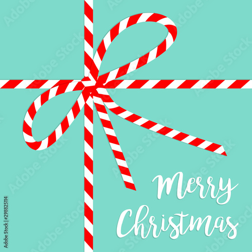 Fototapeta Naklejka Na Ścianę i Meble -  Merry Christmas. Red White ribbon bow knot on blue background. Candy cane striped color. Cute xmas holiday decoration. Flat design. Isolated.