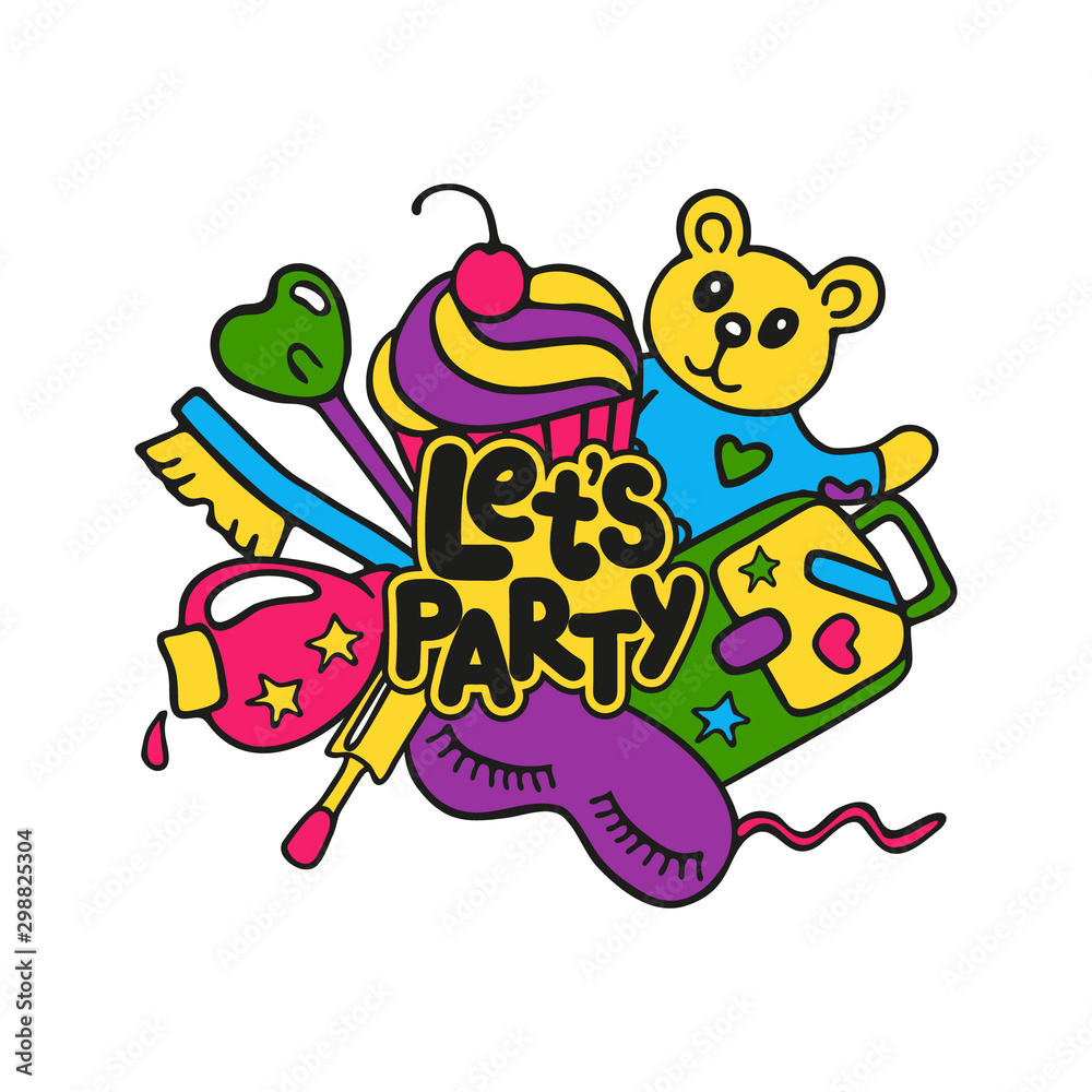Hand drawn lettering Let's party. Bright colored concept for pajama sleepover or slumber party isolated on white background. Element for cards, stickers, posters, banners design. Vector illustration Hand drawn lettering Let's party. Bright colored concept for pajama sleepover or slumber party isolated on white background. Element for cards, stickers, posters, banners design. Vector illustration
