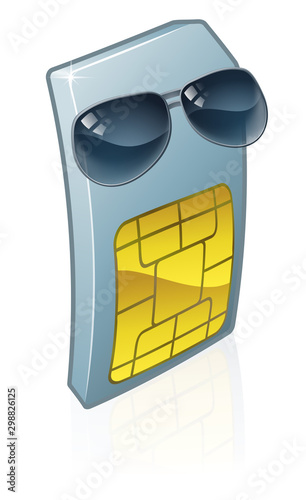 A mobile phone sim card cartoon character mascot wearing cool shades or sunglasses