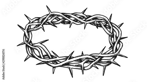 Crown Of Thorns Antique Tool For Pain Ink Vector. Crown With Spikes. Catholic Religious Barbed Symbol Engraving Concept Mockup Designed In Vintage Style Black And White Illustration