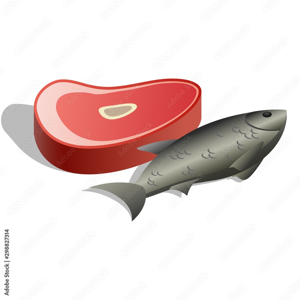 Meat piece and Fish icon symbol of product category in supermarket meat, fish and poultry isolated on white background. Meat piece and Fish icon symbol of product category in supermarket meat, fish and poultry isolated on white background.