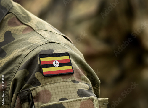 Flag of Uganda on military uniform. Army, troops, soldiers. Collage.