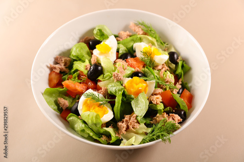 vegetable salad with tomato, egg, tuna and olive