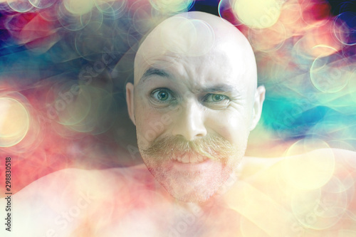 Fototapeta Naklejka Na Ścianę i Meble -  unusual portrait of a bald mustachioed young gentleman, eccentric mister, psychology concept