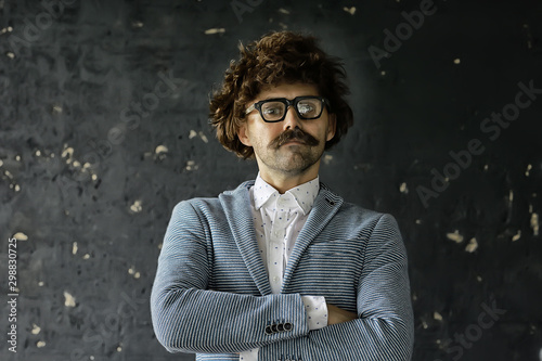hipser teacher glasses mustache, crystal modern young teacher, brutal guy concept with mustache