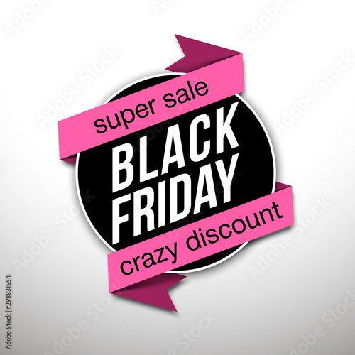 Sticker for mega-sale "Black Friday". Black Friday discount poster. Annual Christmas sales season. Big discounts in retail and online stores (up to 50%). Friday, November 29, 2019