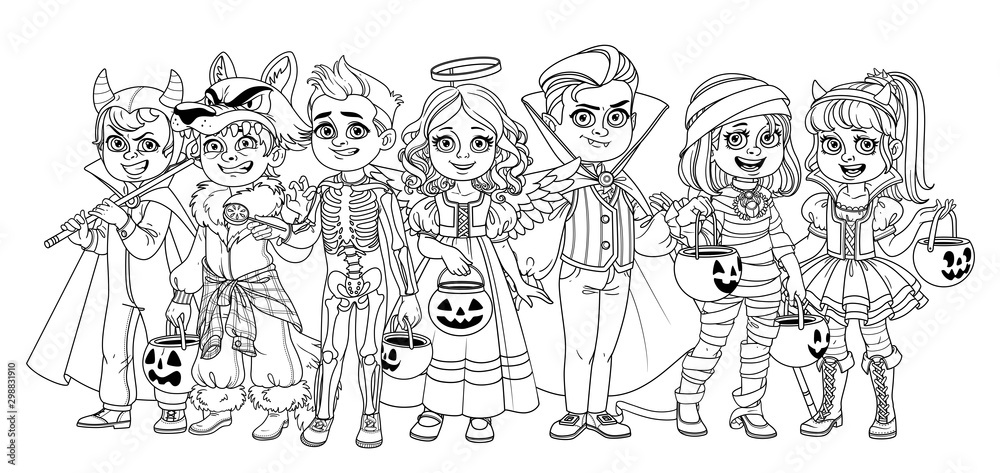 Company of children dressed in costumes of monsters and magic creatures for Halloween trick or treat outlined for coloring page