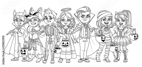 Company of children dressed in costumes of monsters and magic creatures for Halloween trick or treat outlined for coloring page