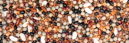 Header, colorful legumes mixture, lentils, beans and peas photo