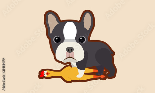 boston terrier puppies and chicken toy Vector illustration