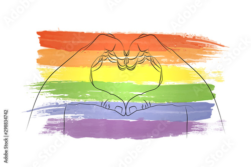 Drawing hand on a watercolor rainbow flag of Gay Pride Movement, homosexuality emblem isolated on white background. LGBT flag against homosexual discrimination. LGBT rights concept. Cards design. EPS