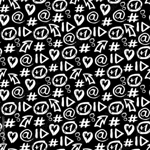 Hand drawn social media seamless pattern with symbols isolated on black background. Vector wallpaper.