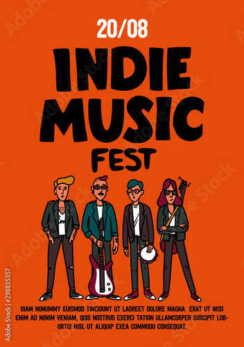 Indie music festival poster or flyer template. Illustration of musicians and and indie rock fest inscription on yellow background. Template for banner, card, poster. Vector. photo