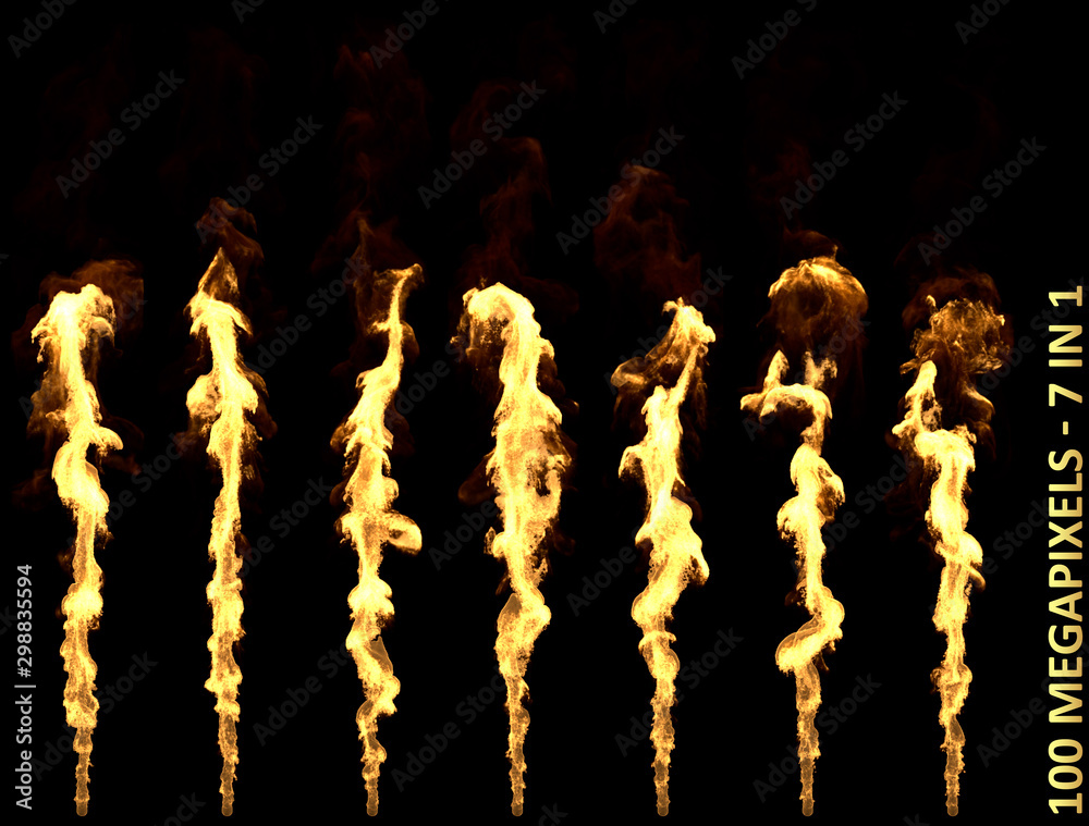 Dragon breath or flamethrower fire - 7 beautiful high resolution isolated illustrations on black background, large scale 3D illustration of objects