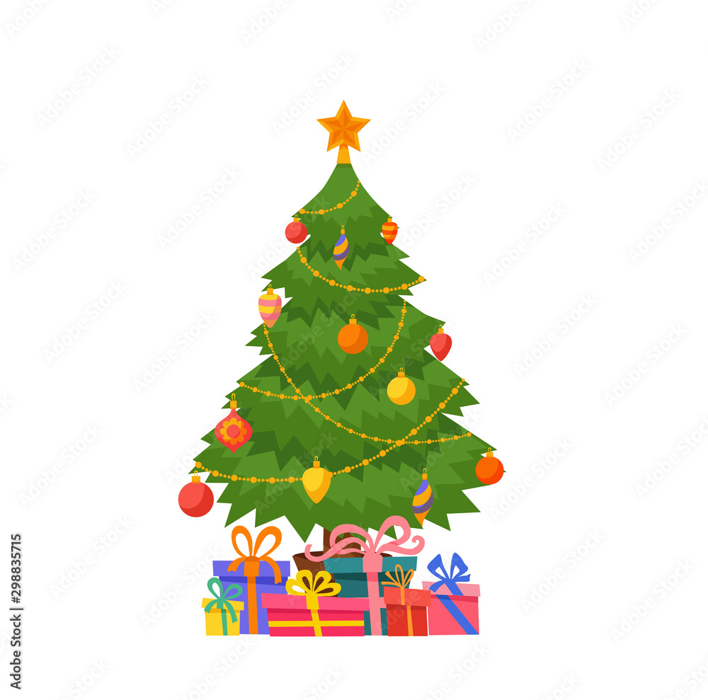 Naklejka premium Christmas tree decorated vector illustration. Star, decoration balls and light bulb chain