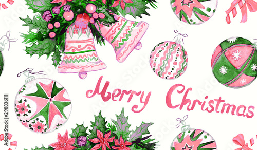 Christmas decorations and greetings, pink and green colors palette, hand painted watercolor illustration, seamless pattern design on white background