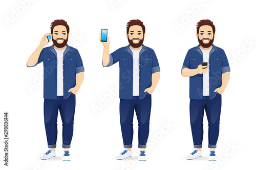 Handsome big man in casual outfit with phone isolated vector illustration