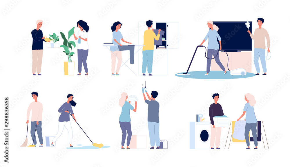 Household family. People cleaning his home rooms happy male female working vector characters. Illustration woman and man do housekeeping, cleaner housework