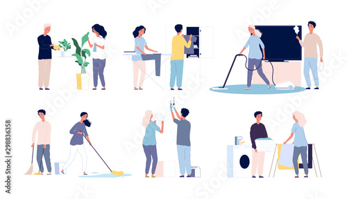 Household family. People cleaning his home rooms happy male female working vector characters. Illustration woman and man do housekeeping, cleaner housework