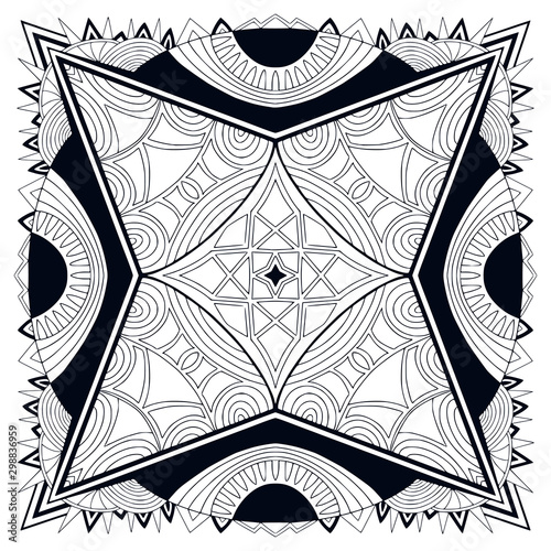 Printable shawl pattern. Black and white background. Template for textile. Ornamental square pattern with ethic art.