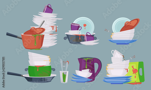 Dirty dish. Restaurant kitchen empty items for washing and cleaning dirty plates mugs vector collection. Heap tableware and dirt dishware illustration