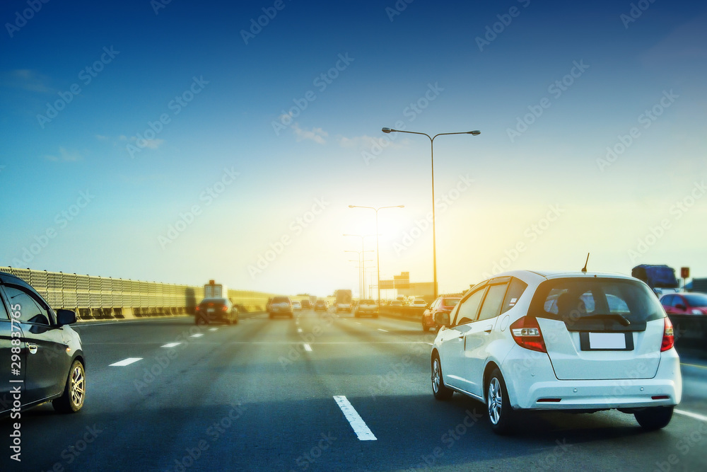 Car driving on highway road,car on road and sunset background,Transportation