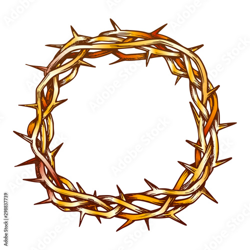 Crown Of Thorns Jesus Christ Top View Ink Vector. Christianity Religion Symbol Branches Of Thorns Woven. Engraving Concept Template Hand Drawn In Vintage Style Color Illustration