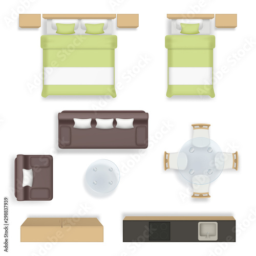 Interior top view. Living bedroom bathroom house supplies sofa chairs table wardrobe furniture vector realistic. Comfort room interior, top view furniture illustration