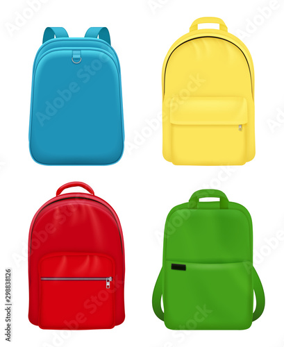 Backpack realistic. School bag personal leather travel luggage vector mockup objects. Illustration school backpack, bag and luggage