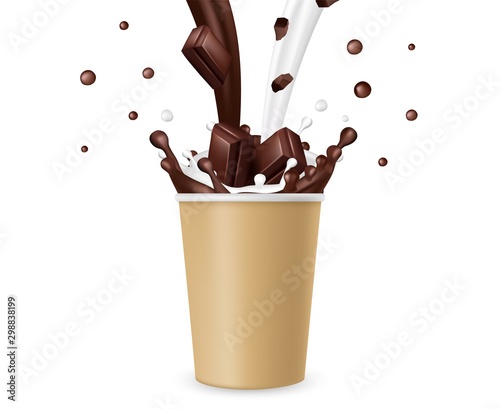 Hot chocolate. Realistic milk chocolate splashes and take away paper cup vector illustration. Chocolate milk drink, cup of coffee beverage