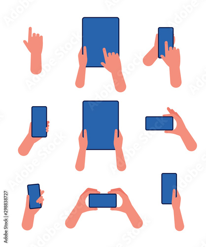 Hand with phone. Touch screen tablet and smartphone in hand pointing gestures using application modern device vector flat. Illustration communication smartphone using, device screen gesture