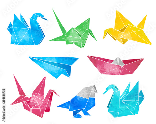 Origami hand drawn vector set, watercolor style, folder paper art color animals, birds, boat, plane shapes isolated on white background