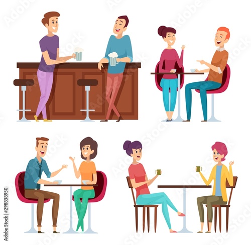 Friends meeting. Happy group people relaxing in cafe restaurant bar meeting sitting and smiling friends vector characters. Group people friend sitting in pub illustration