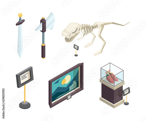 Historical museum. Ancient exhibition objects skull medieval architecture plates armor historical guide vector isometric. Illustration historical dinosaur ancient, axe and sword