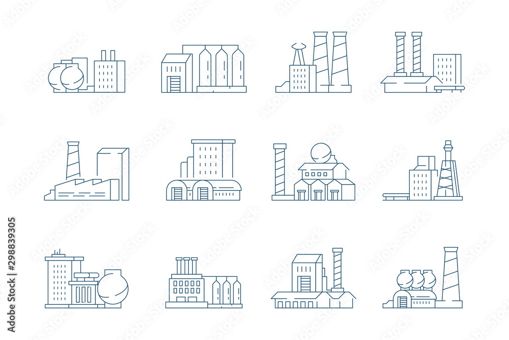 Factory icon. Industrial energy production building with big pipe steam factory vector linear symbols. Illustration building factory, production industry power plant