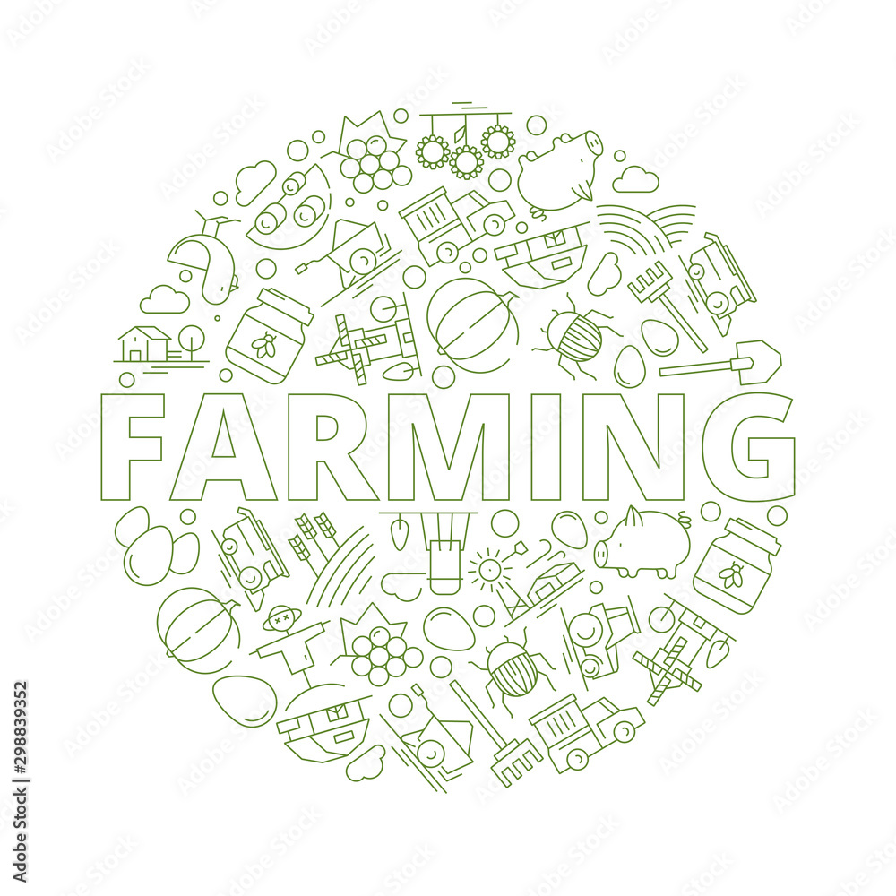 Agricultural background. Farm of wheat rural objects tractor mill organic food trees vector concept picture. Agricultural farm badge illustration, farmland and farming Agricultural background. Farm of wheat rural objects tractor mill organic food trees vector concept picture. Agricultural farm badge illustration, farmland and farming