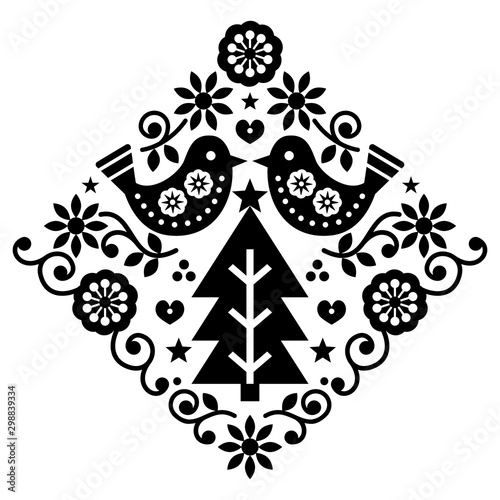 Christmas Scandinavian folk art vector pattern with birds and flowers in black and white, festive Nordic greeting card 	