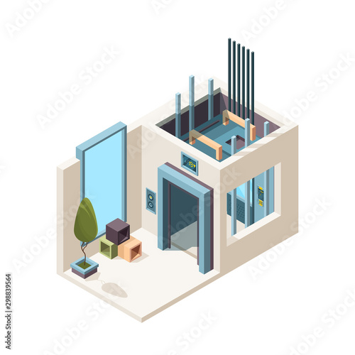 Elevator room. Building machine hall elevator cabin mechanism in house apartment vector isometric interior. Elevator machine building, doorway lift illustration