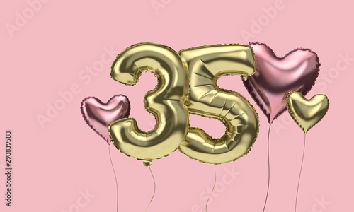 Happy 35th birthday party celebration balloons with hearts. 3D Render photo