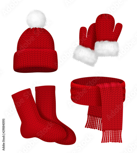 Winter clothes. Scarf mittens stocking snow hat with fur season fashion red christmas clothes vector realistic template. Illustration fur scarf, hat ans socks