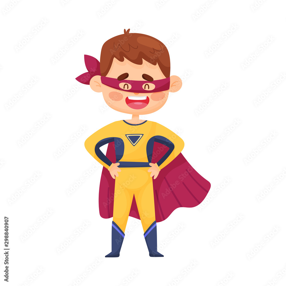 Little Boy In Yellow Superman Costume And Magenta Cloak Vector Illustration Little Boy In Yellow Superman Costume And Magenta Cloak Vector Illustration