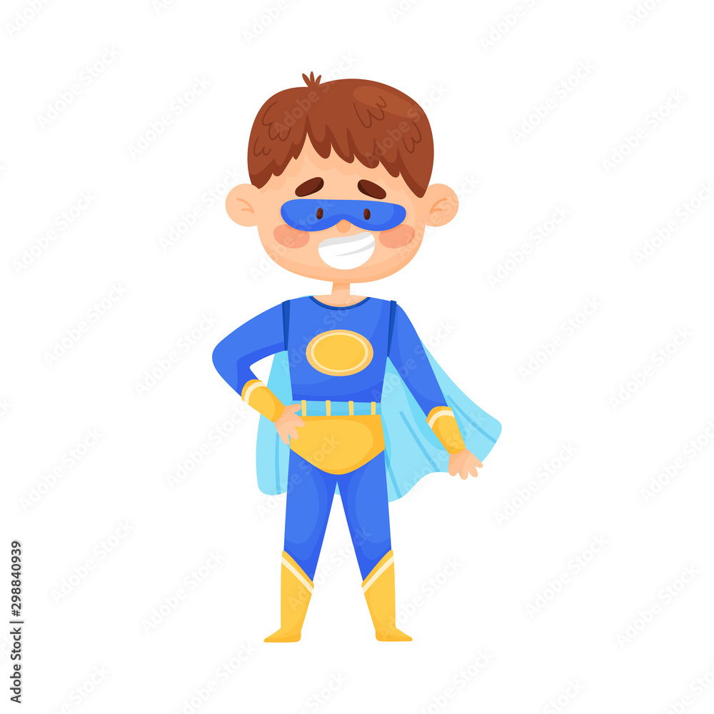 Little Boy In Blue Superman Costume, Cloak And Mask Vector Illustration Cartoon Character