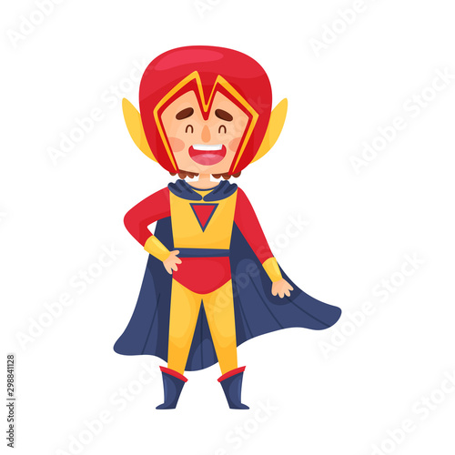 Little Boy In Bright Comic Superhero Costume And Big Helmet Vector Illustration Cartoon Character
