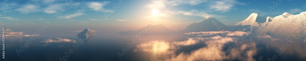 Panorama of the bay at sunset. Seascape in the morning in the fog,