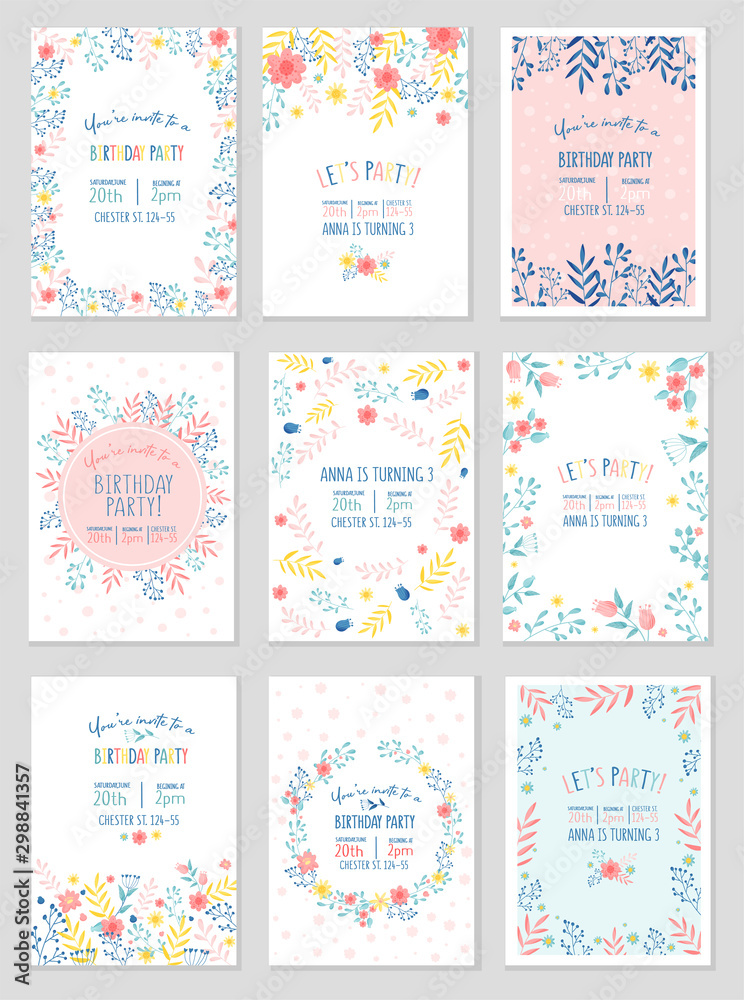 Set Of Party Invitation With Cute Floral Design In Pastel Colors Vector Illustration