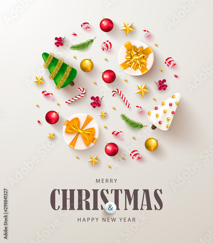 Merry Christmas and Happy New Year banner. Holiday poster with cute Christmas trees,gold stars, Rowan bunches, balls ,gift boxes and candy on light background. Festive vector illustration.