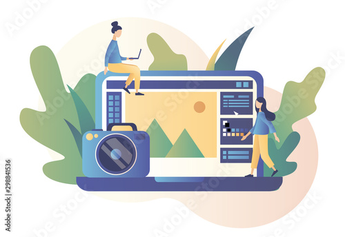 Photography concept. Photography workshop, processing workshop, photo portfolio creation concept. Modern flat cartoon style. Vector illustration