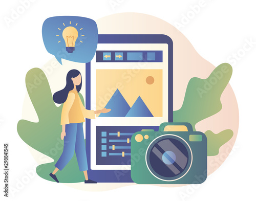 Photography concept. Photography workshop, processing workshop, photo portfolio creation concept. Modern flat cartoon style. Vector illustration