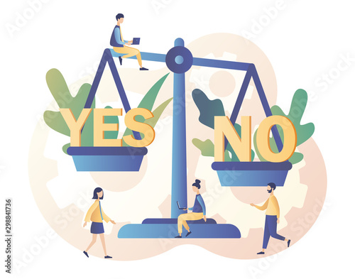 Yes or no consept. Decision making. Tiny people weigh the decisions at high weights. Modern flat cartoon style. Vector illustration