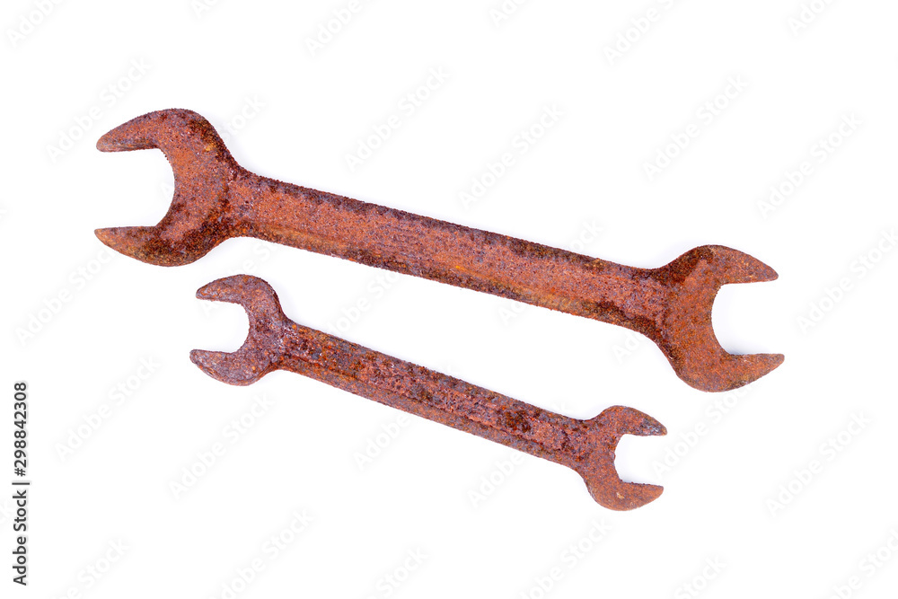 Old rusty wrench on white background, top view Old rusty wrench on white background, top view